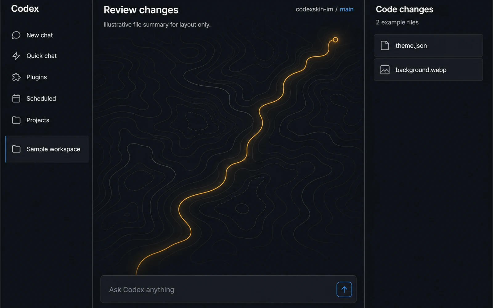 Illustrative current Codex desktop shell in the dark Amber Restore theme with amber wayfinding.