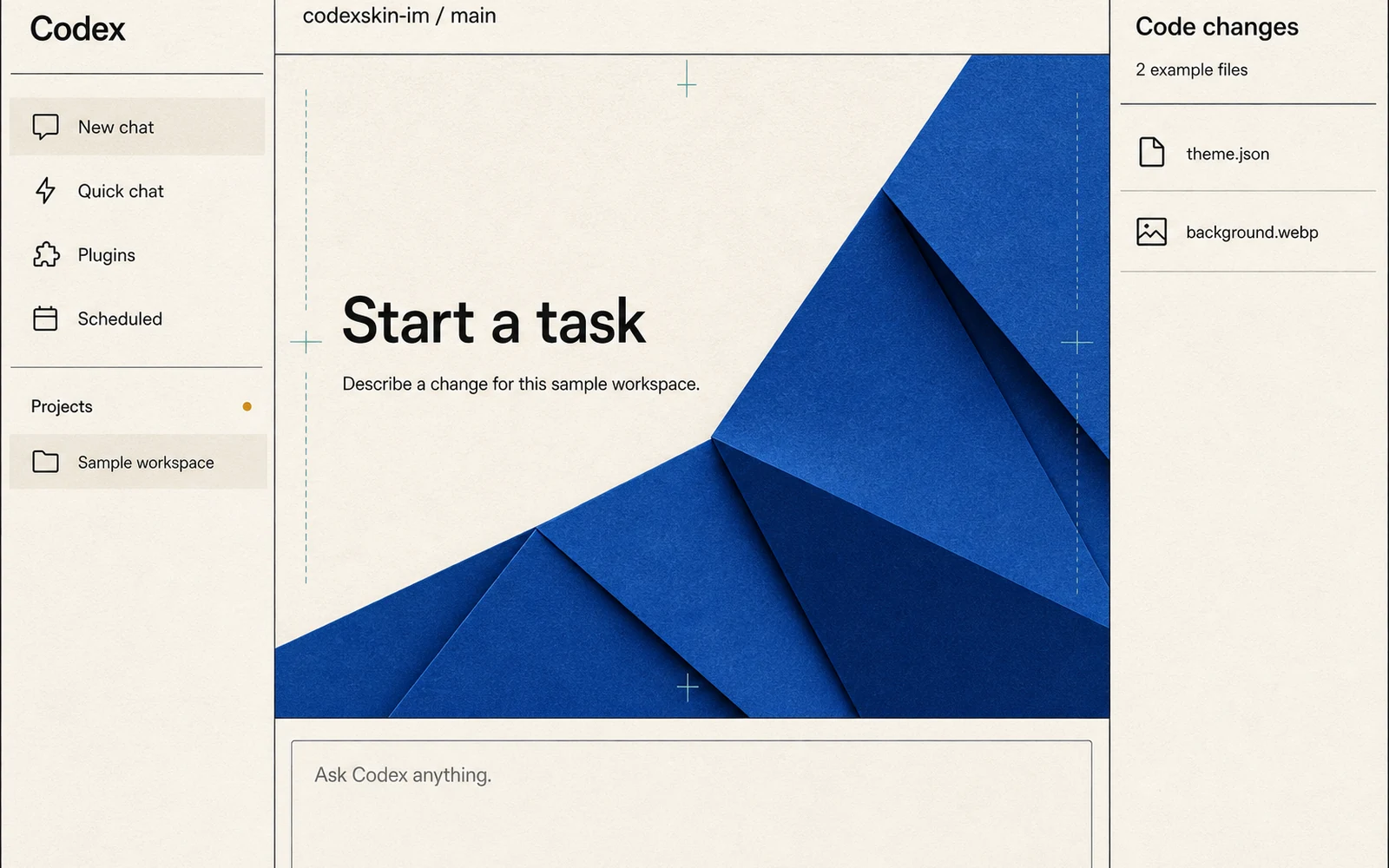 Illustrative current Codex desktop shell in the light Paper Signal theme.