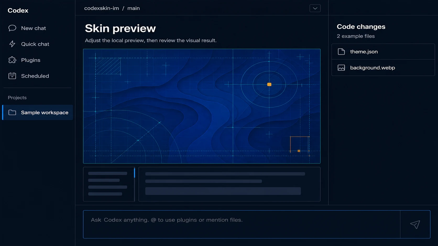 Illustrative current Codex-style desktop task shell with a configured abstract Dream Skin behind neutral work controls.