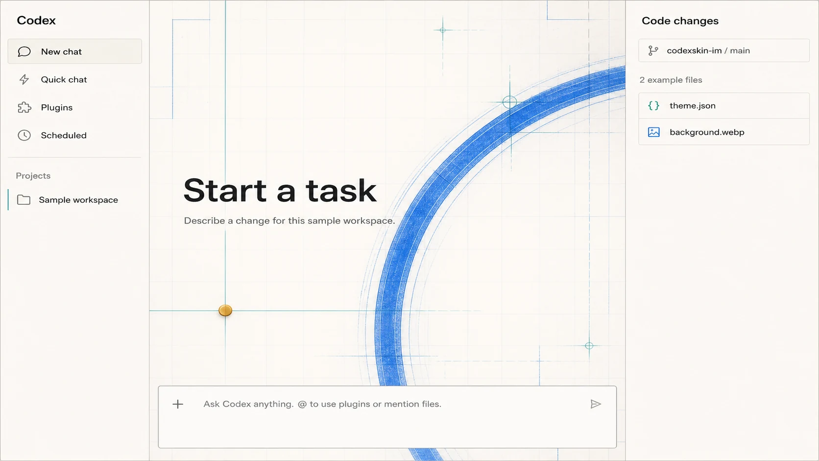 Illustrative current Codex-style desktop home shell with a configured abstract Dream Skin.